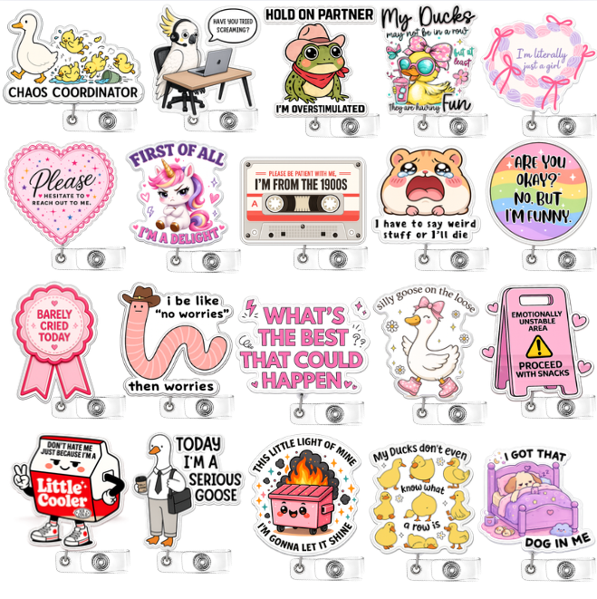 YJ PREMIUMS 20PC Funny Cute Badge Reels Bulk Set