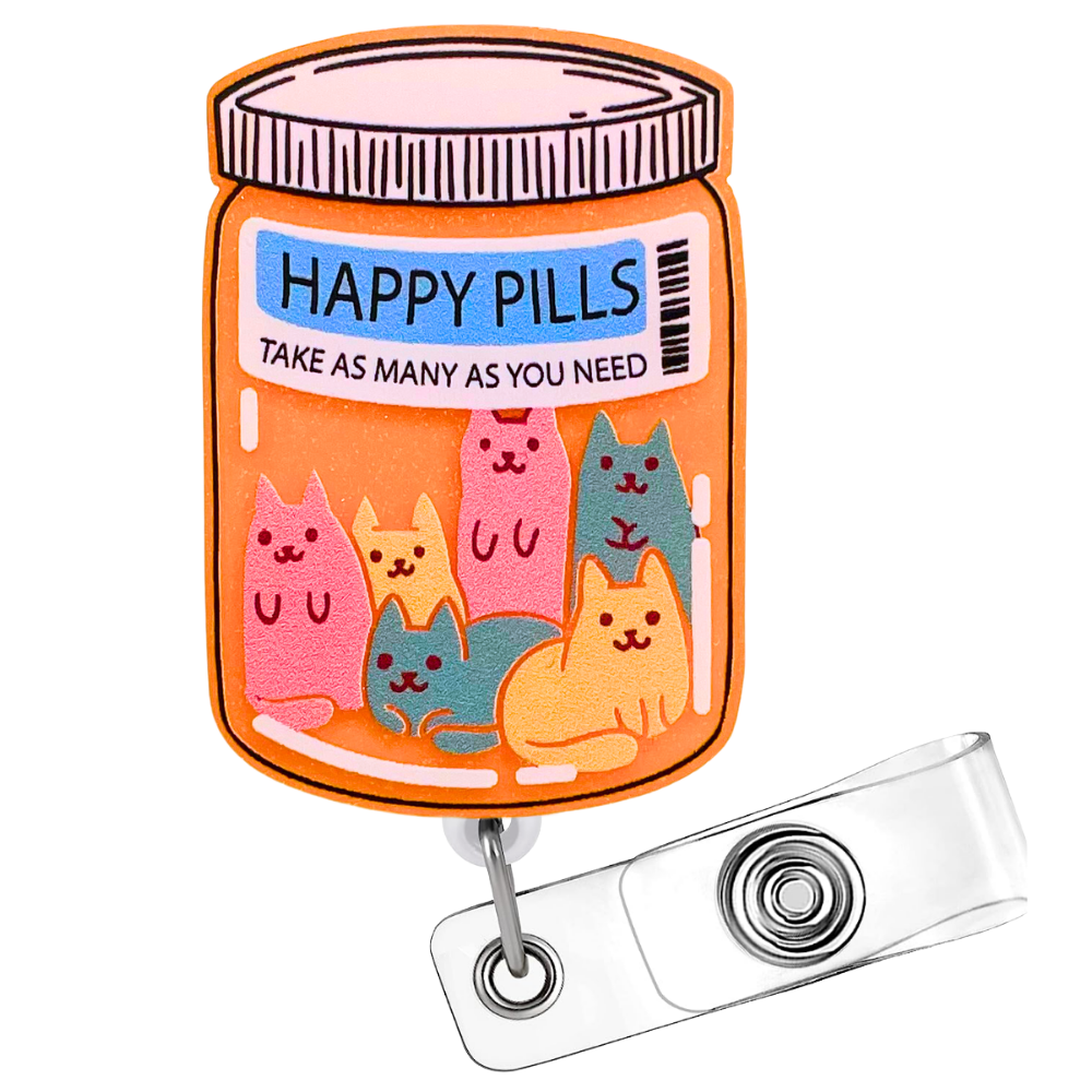 Happy Cat Pills Badge Reel