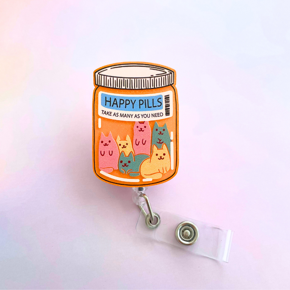 Happy Cat Pills Badge Reel