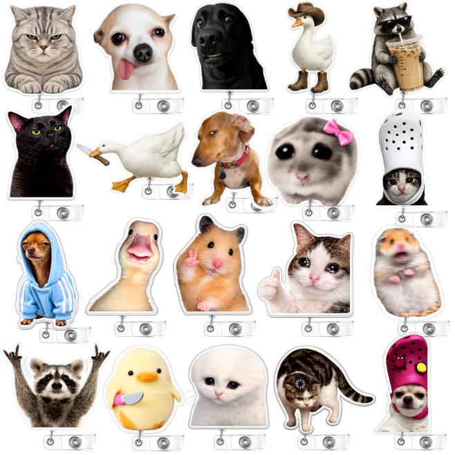 YJ PREMIUMS 20PC Funny Meme Animals Badge Reels Bulk Set