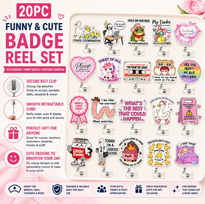YJ PREMIUMS 20PC Funny Cute Badge Reels Bulk Set